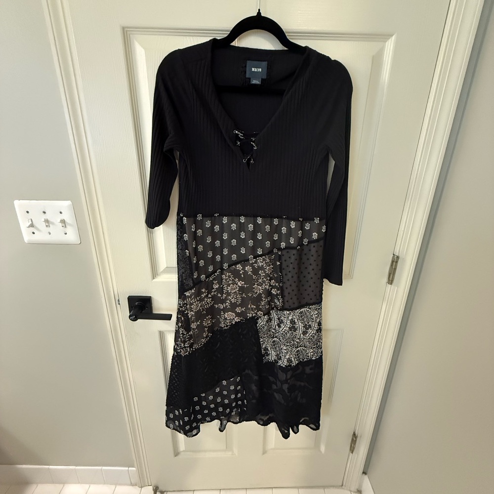 Anthropologie Black Patchwork Midi Dress with Lace-Up Neck